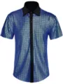 Detailed view of the blue sequin short sleeve shirt featuring a striking black collar and placket. - Blue Color (with Accessories)