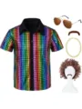 70s disco sequin shirt costume set with rainbow glitter shirt, wig, and party accessories. - 4 / Tops / Colored Grid