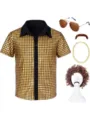 70s disco costume set for men boys shiny metallic sequin shirt wig glasses gold chain - 4 / Tops / Gold