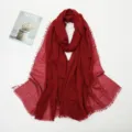 Red crinkled cotton linen scarf with fringed edges, stylish lightweight summer shawl. - Wine Red