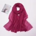 Wrinkled cotton linen scarf with frayed edges, vibrant candy color shawl for daily wear. - Purple Rose Red