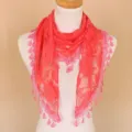 Coral red lace hollow triangle scarf detail, elegant floral pattern and delicate fringe trim. - Tomato Red