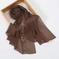Brown chiffon floral embroidered long scarf, elegant women's sun protection shawl and hijab. - 170x70cm / 9# Coffee