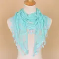Elegant mint green lace triangular scarf with hollow floral design and delicate tassel trim. - Aqua Blue