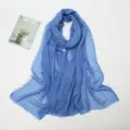 Blue cotton linen crinkled scarf with frayed edges, detailed view of soft texture and fringe. - 17# Blue