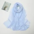 Light blue cotton linen crinkle scarf with frayed fringe edges for women daily wear. - Light Blue