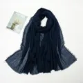 Solid dark blue crinkled cotton linen scarf with frayed edges, stylish long winter shawl. - Navy Blue