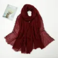 Crinkled cotton linen scarf in wine red with fringed edges, stylish accessory for women. - Deep Wine Red