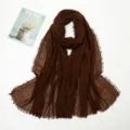 Dark brown cotton linen pleated scarf with fringe edges, casual stylish long shawl for women. - Coffee