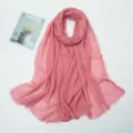Pink crinkled cotton linen scarf for women, lightweight fringed long shawl wrap for daily wear. - Leather Red (25#)