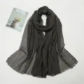 Dark grey cotton linen crinkled scarf with fringe, elegant solid color long shawl for women. - Dark Gray