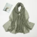 Cotton linen pleated scarf with fringe edge, solid color long shawl for women stylish accessory. - Gray Green