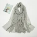 Grey crinkled cotton linen scarf with frayed edges for women, soft lightweight long shawl. - Light Gray