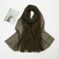 Olive green crinkled cotton linen scarf with frayed edges, stylish long shawl for women. - Old Army Green