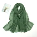 Green crinkle cotton linen scarf with fringe, stylish solid color long shawl for women. - Cyan Green