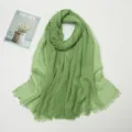 Green cotton linen crinkle scarf with frayed edges, stylish candy color casual shawl. - Grass Green