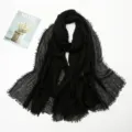 Black crinkled scarf with raw frayed edges, cotton linen blend long fashion shawl. - 21#