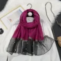 Detailed view of women gradient organza scarf with faux pearls, elegant sun protection shawl. - Purple Rose Red