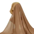 Solid color polyester jersey hijab set with attached long scarf, comfortable women head wrap. - One Size / Camel