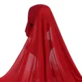 Red jersey hijab cap set with attached long sheer veil for women, solid color polyester. - One Size / Wine Red