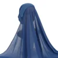 Solid Blue Women Hijab Cap Attached Long Scarf Polyester Jersey Muslim Headwear Set - One Size / Denim Blue