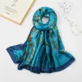 Blue silk feel long scarf with elegant floral branch print, perfect women sun protection shawl. - ZS062-01