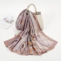 Elegant mauve satin silk scarf, artistic print long shawl for women, chic sun protection accessory. - ZS062-03