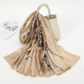 Elegant champagne gold satin printed silk scarf long women's shawl for daily sun protection - ZS062-04