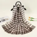 Elegant brown white houndstooth stripe silk scarf long women shawl fashion neck wrap - ZS116-03