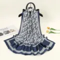 Elegant blue white monogram satin silk long scarf women fashion luxury style sun shawl - ZS114-02
