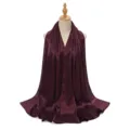 Detailed view of the dark red pleated satin hijab scarf, showing smooth drape and texture. - Burgundy