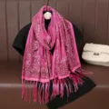 Pink paisley lace scarf detail, lightweight hollow burnout shawl with delicate fringe tassels. - Rose Red