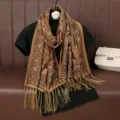 Ethnic style printed fringe shawl breathable summer thin scarf women fashion accessory detail. - Coffee