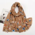 Écharpe marron imprimé chat en coton lin, mode automne hiver foulard frangé décontracté. - XB938-03