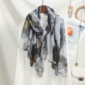 Women blue floral print lightweight long scarf fashion shawl soft voile neckerchief - VE147-1# Grey Blue