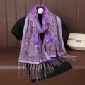 Purple paisley lace tassel shawl scarf for women, lightweight summer sheer ethnic wrap. - Light Purple