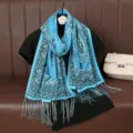 Summer blue paisley print women scarf thin hollow out tassel shawl elegant beach wrap accessory - Sky Blue