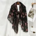 Foulard lungo nero da donna con stampa floreale, elegante sciarpa in voille per tutti i giorni. - VE146-01# Nero