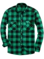 Men's green black plaid flannel long sleeve shirt with double chest pockets casual wear detail view - Green