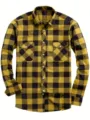 Yellow and black plaid flannel shirt detail, long sleeves, dual chest pockets, turn-down collar. - Yellow