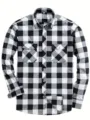 Black and white plaid shirt detail showing long sleeves and dual chest pockets. - S / White