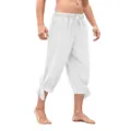 Detail view of men's vintage renaissance medieval loose cropped pants with tie cuffs. - S / White