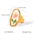 Detailed view of gold hammered ring with dried pink flower in resin and dimensions - One Size (Adjustable Open) / Pink Flower & Green Leaf Style (XZ-R30236)