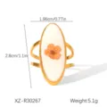 Detailed view of an oval stainless steel ring featuring a dried flower and size dimensions - One Size (Adjustable Open) / Orange Flower on White Style (XZ-R30267)