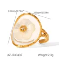 Detail view of gold-plated stainless steel open ring with a delicate white flower - One Size (Adjustable Open) / Oval White Flower Style (XZ-R30436)