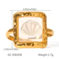 Detailed macro shot of a gold-plated stainless steel shell ring with size specifications - One Size (Adjustable Open) / Square White Shell Style (XZ-R30438)