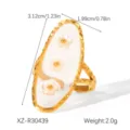 Detailed dimensions of gold-tone stainless steel ring with white flower enamel inlay. - One Size (Adjustable Open) / Triple White Flower Style (XZ-R30439)