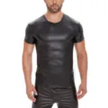 Ανδρικό μαύρο κοντομάνικο t-shirt από συνθετικό δερματίνη στενής γραμμής μόδας - S / Μαύρο