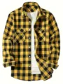 Men's yellow black plaid flannel shirt long sleeve double pocket button down casual top - Yellow