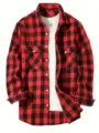 Men's red and black plaid flannel long sleeve shirt with double chest pockets and white buttons. - S / Tops / Burgundy